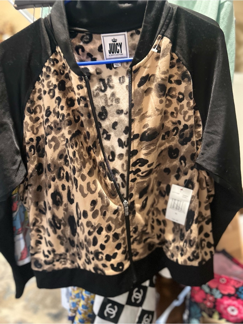 Juicy Couture Leopard Velvet Bomber Jacket - Black & Tan, XL NWT